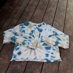MOTHER Don't Sweat It Tie Dye Cropped Sweatshirt Blue Tan White Pullover S